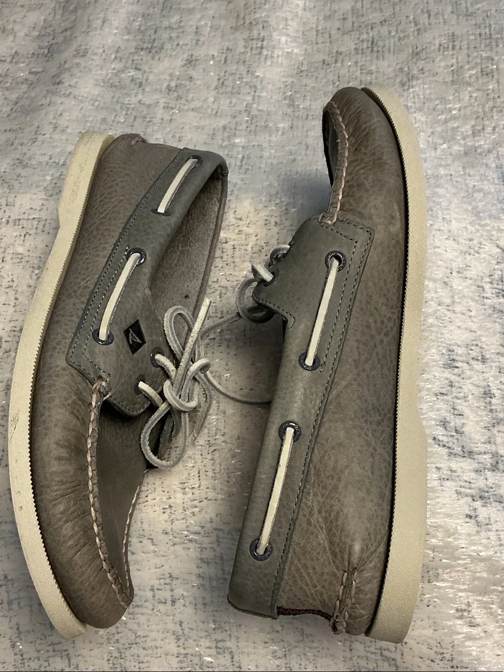 Sperry Men's Gray Leather Moc Toe Boat Shoes with Orange Liner